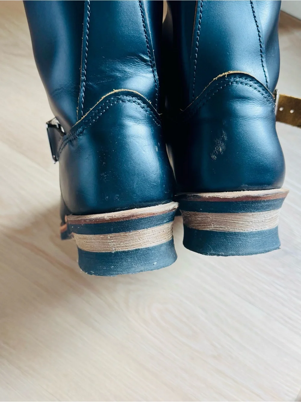 Schott NYC Black Leather Engineer Boots with Brown Welt